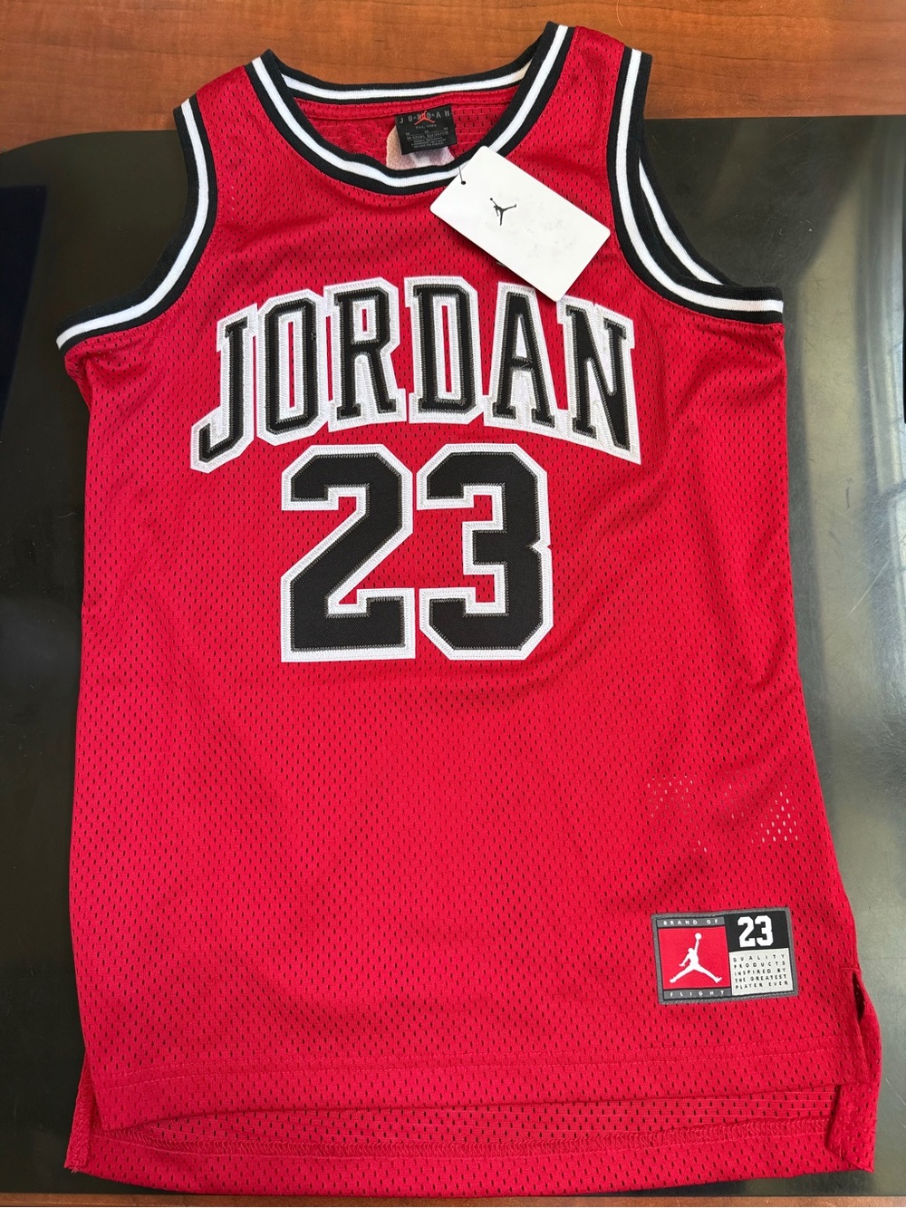 Jordan Red Mesh Basketball Jersey with Black & White Trim - Youth Medium 10-12